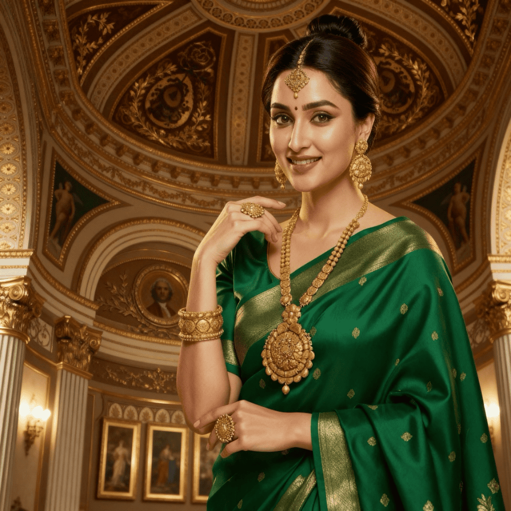 Woman wearing 22k 916 Gold Necklace,Earrings,bangles,maang tikka by KSHINE JEWELLERS (Jammu)